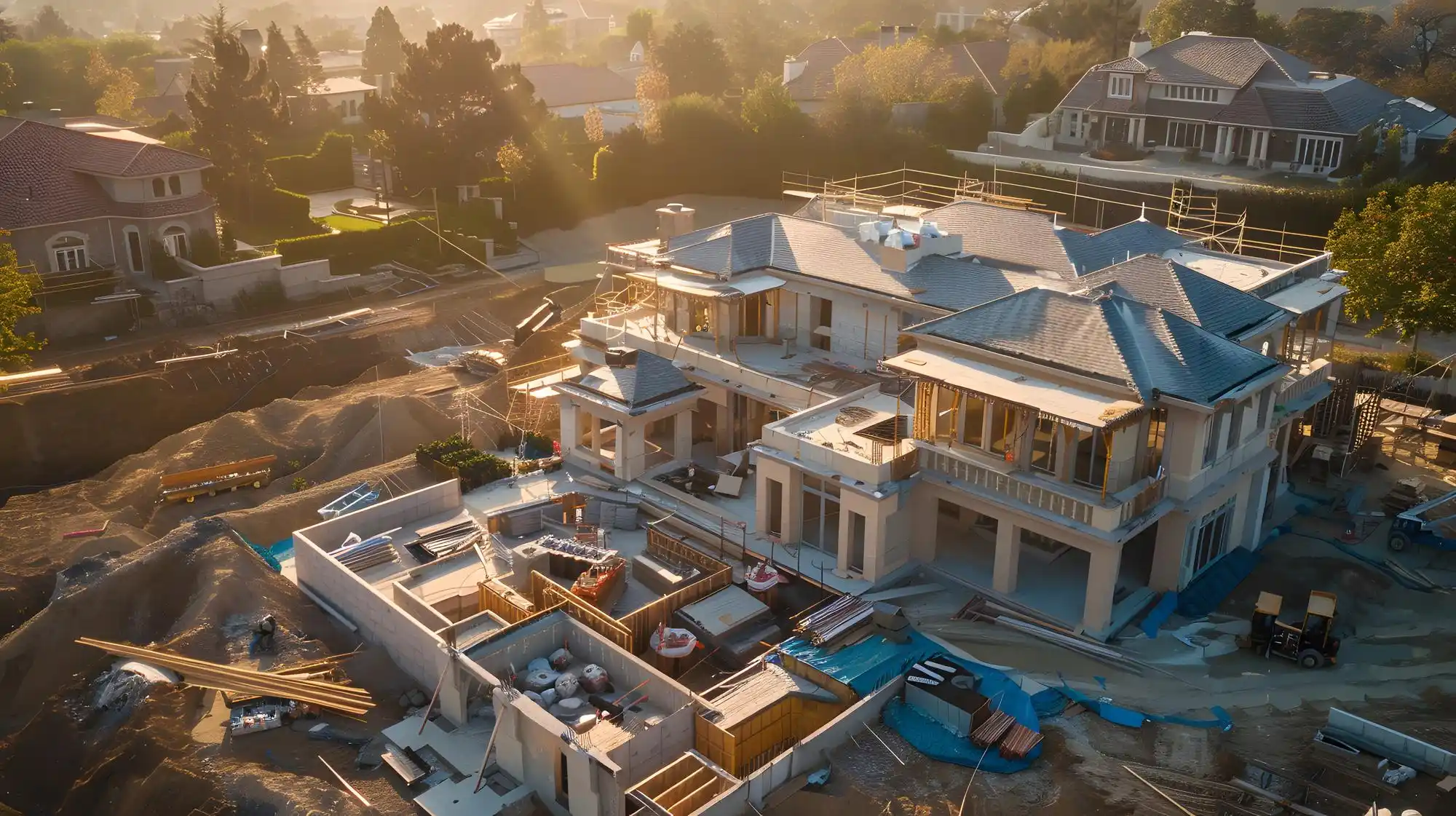 luxury custom home under construction on a wooded residential lot, partial framing visible, architect plans spread on a portable jobsite table, bright morning light