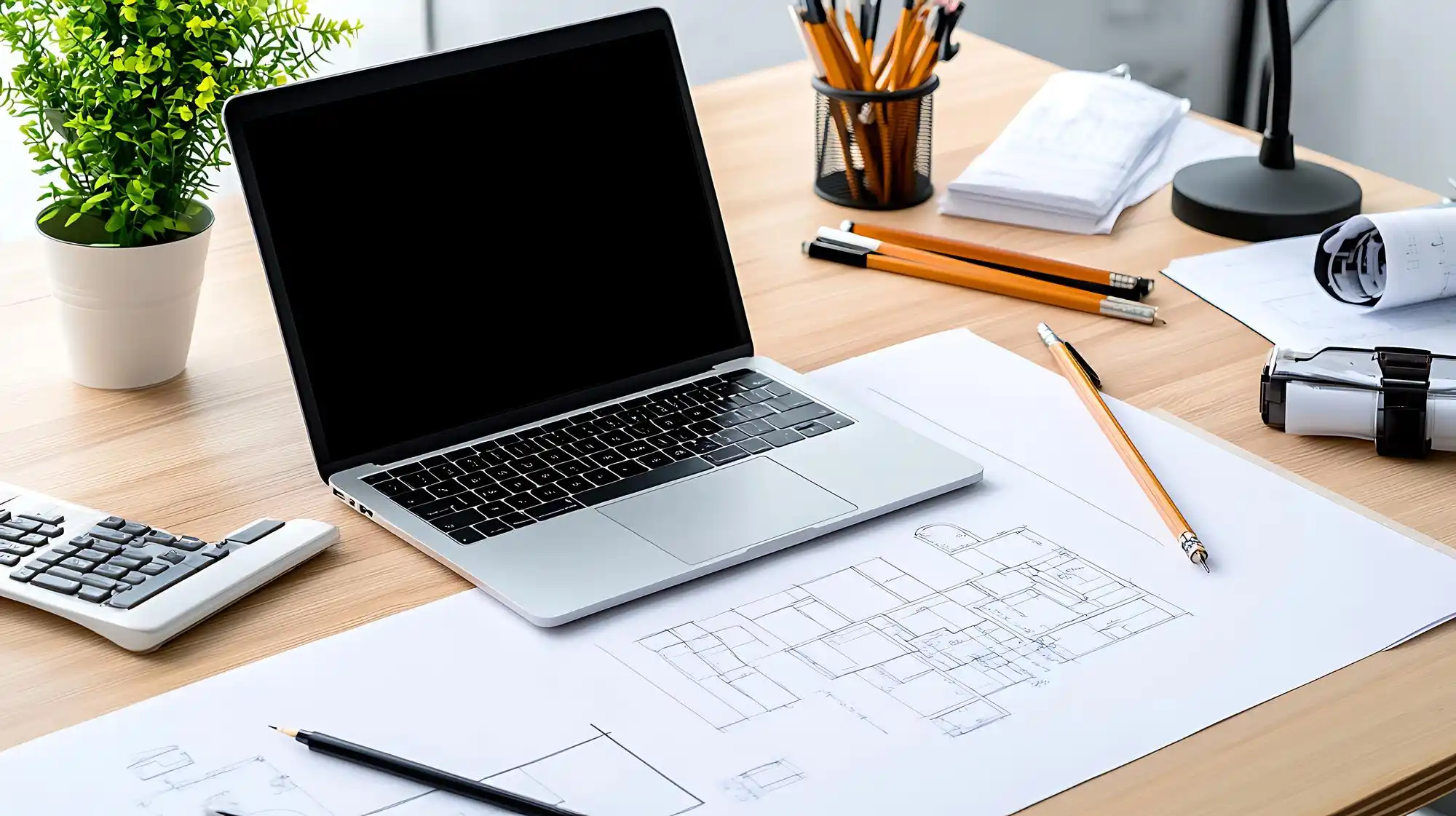 detailed residential project schedule on a desk with floor plans, material samples, laptop calendar, and coffee cup in a bright architect studio