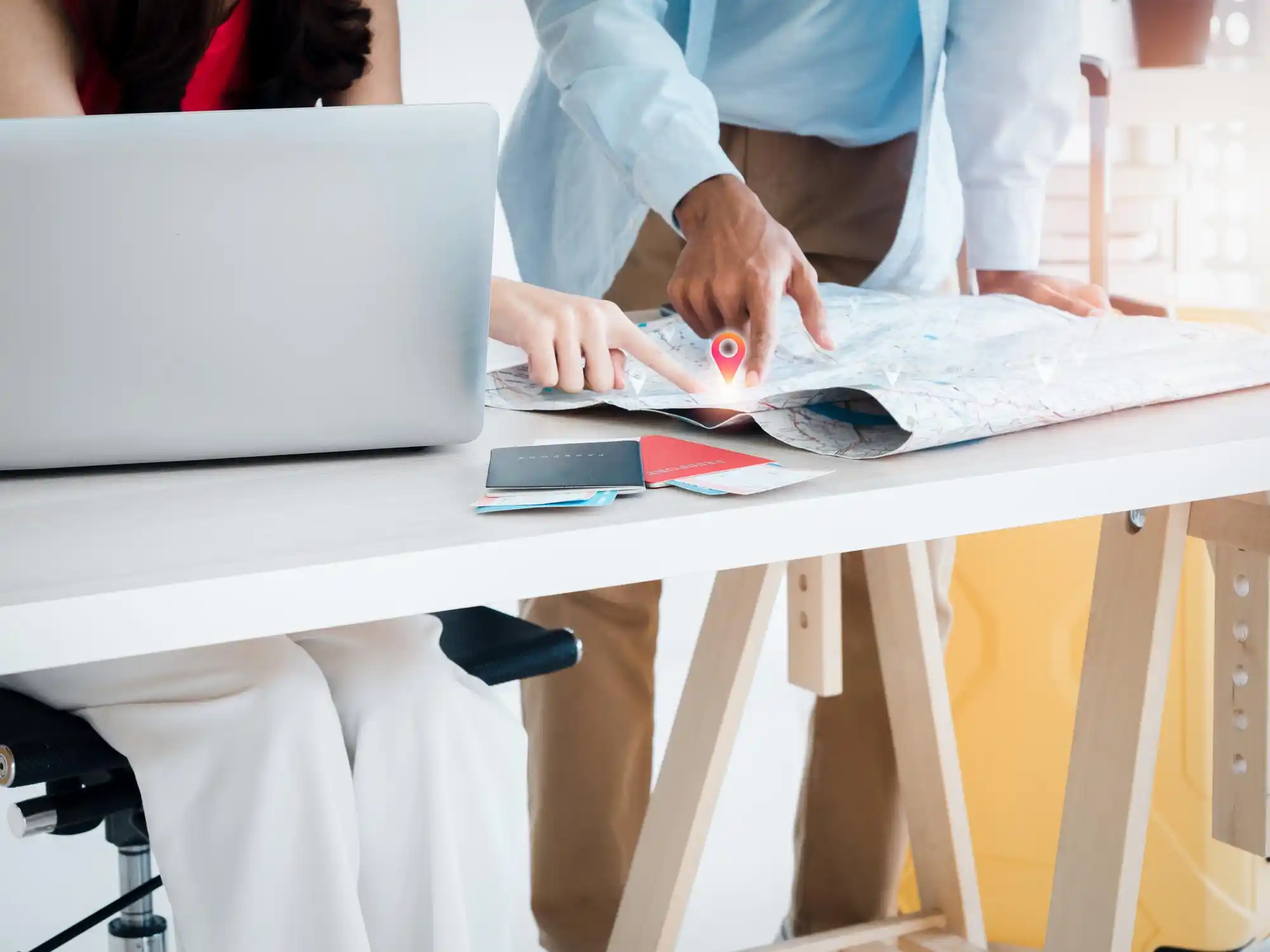 city permit application set with stamped blueprints, engineering drawings, zoning map, and tablet showing approval checklist in a municipal planning office