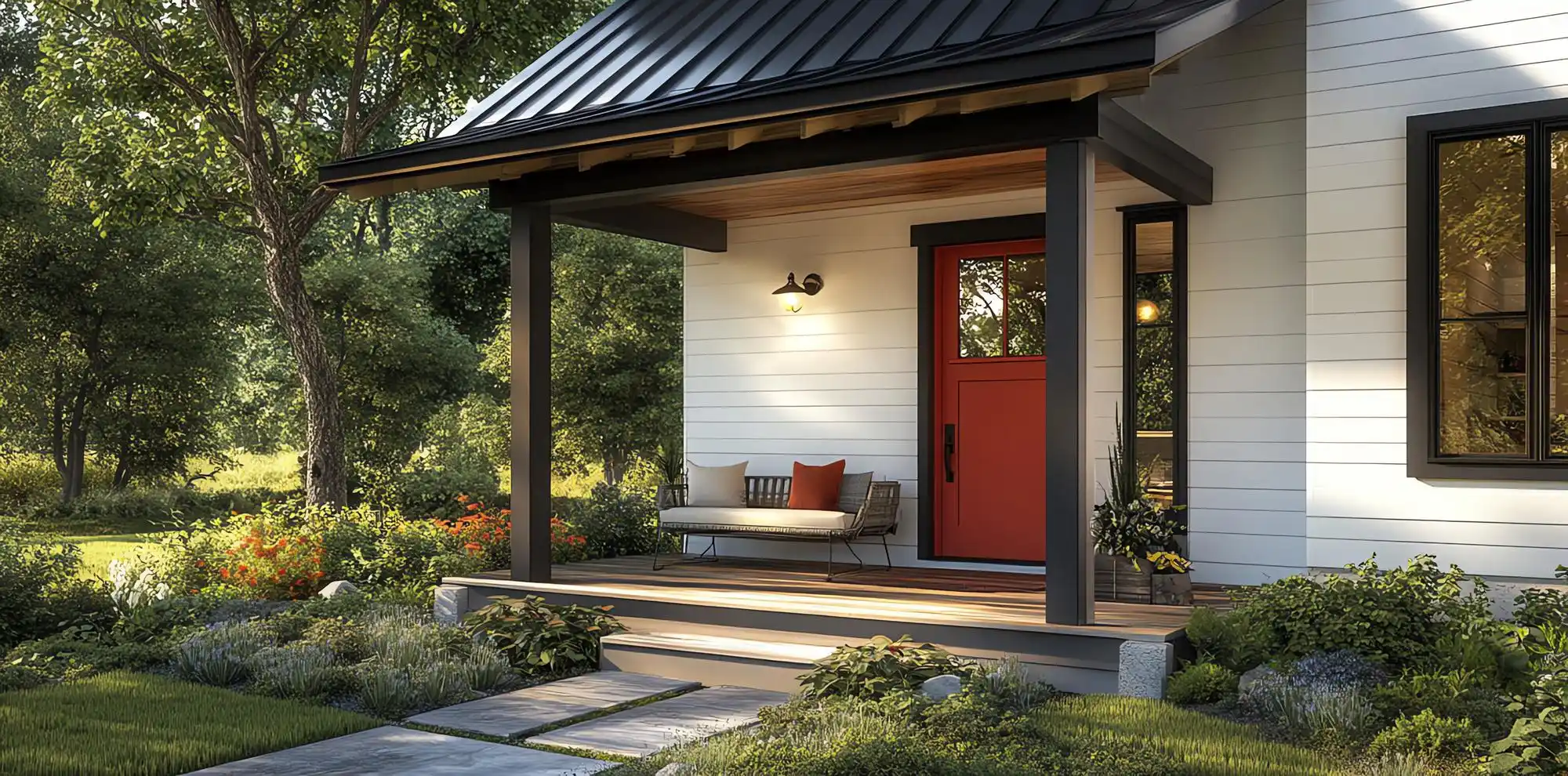 Seattle home exterior before and after concept, featuring refreshed landscaping, painted front door, new porch lighting, and clean modern curb appeal on a cloudy day