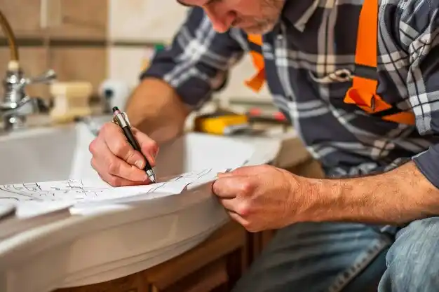 contractor and Seattle homeowner reviewing renovation plans in a partially updated bathroom with matte black fixtures, white tile, and wood vanity