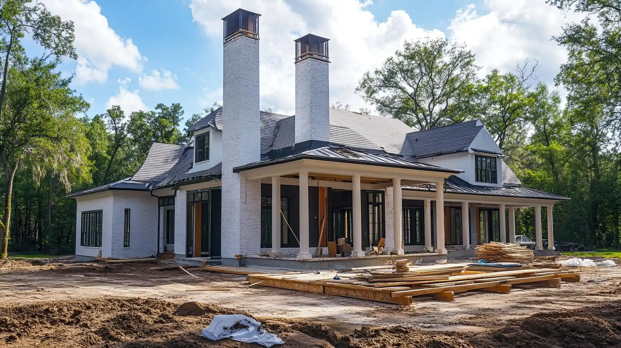 luxury custom home under construction on a sloped suburban lot, exposed framing, wrapped sheathing, crane in background, bright morning light