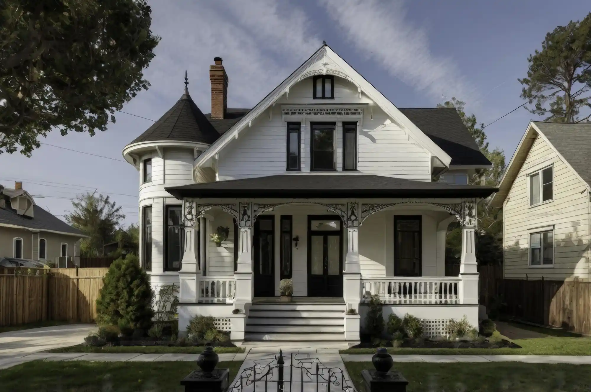 side-by-side comparison of two custom homes, one simple modern rectangular design and one ornate craftsman with complex rooflines, labeled cost factors concept
