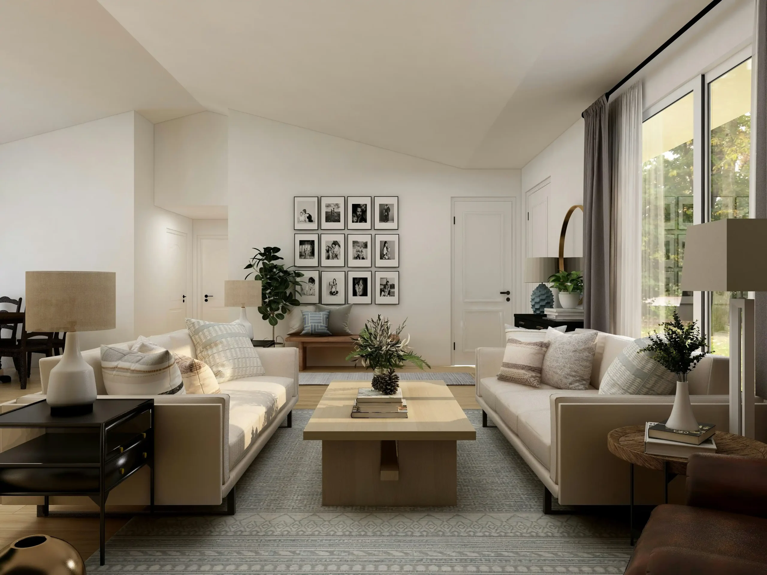 elegant but neutral pre-sale home staging scene with soft white walls, warm wood floors, simple pendant lights, and tasteful mid-range finishes designed for broad buyer appeal
