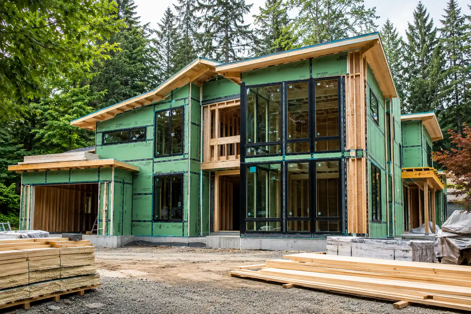 contemporary custom home under construction with exposed advanced wall framing, rigid exterior insulation, large black framed windows, and a wooded Pacific Northwest setting