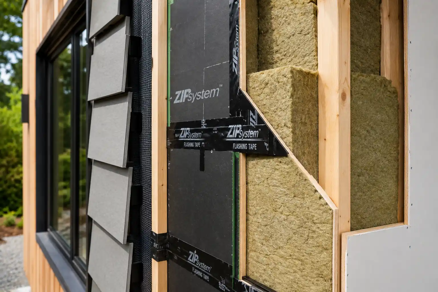 close-up cutaway of a high-performance wall assembly showing mineral wool insulation, taped sheathing seams, rainscreen gap, and fiber cement siding on a modern home