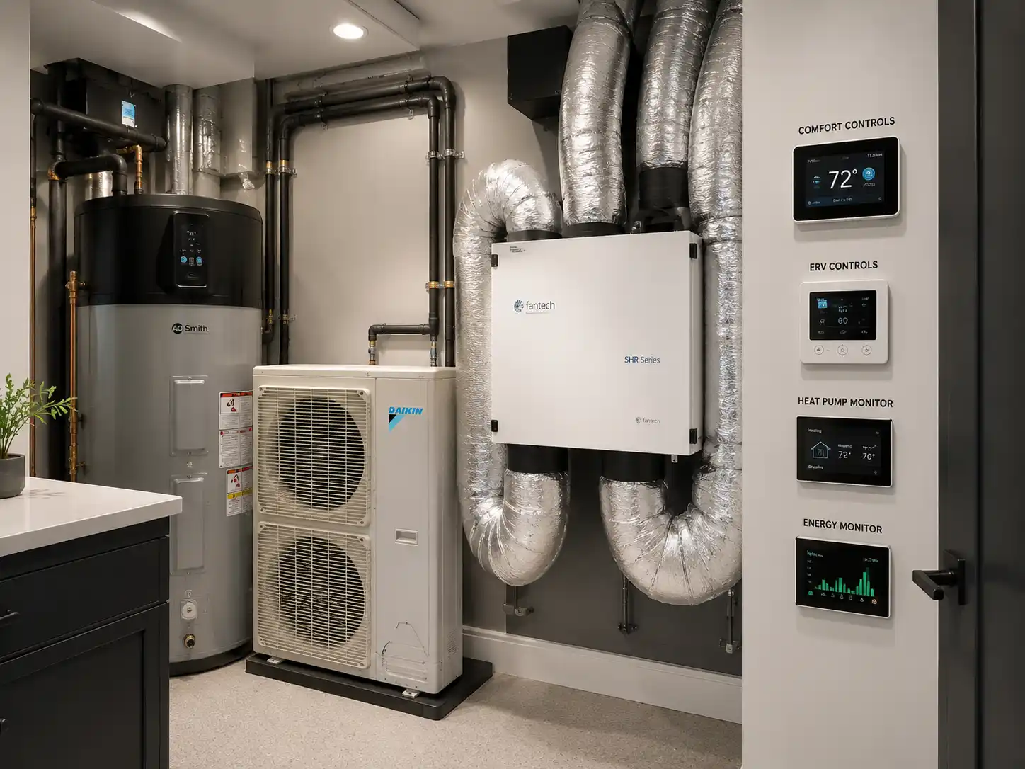utility room in a luxury custom home featuring compact heat pump system, ERV ventilation unit, neatly sealed ductwork, and labeled smart controls