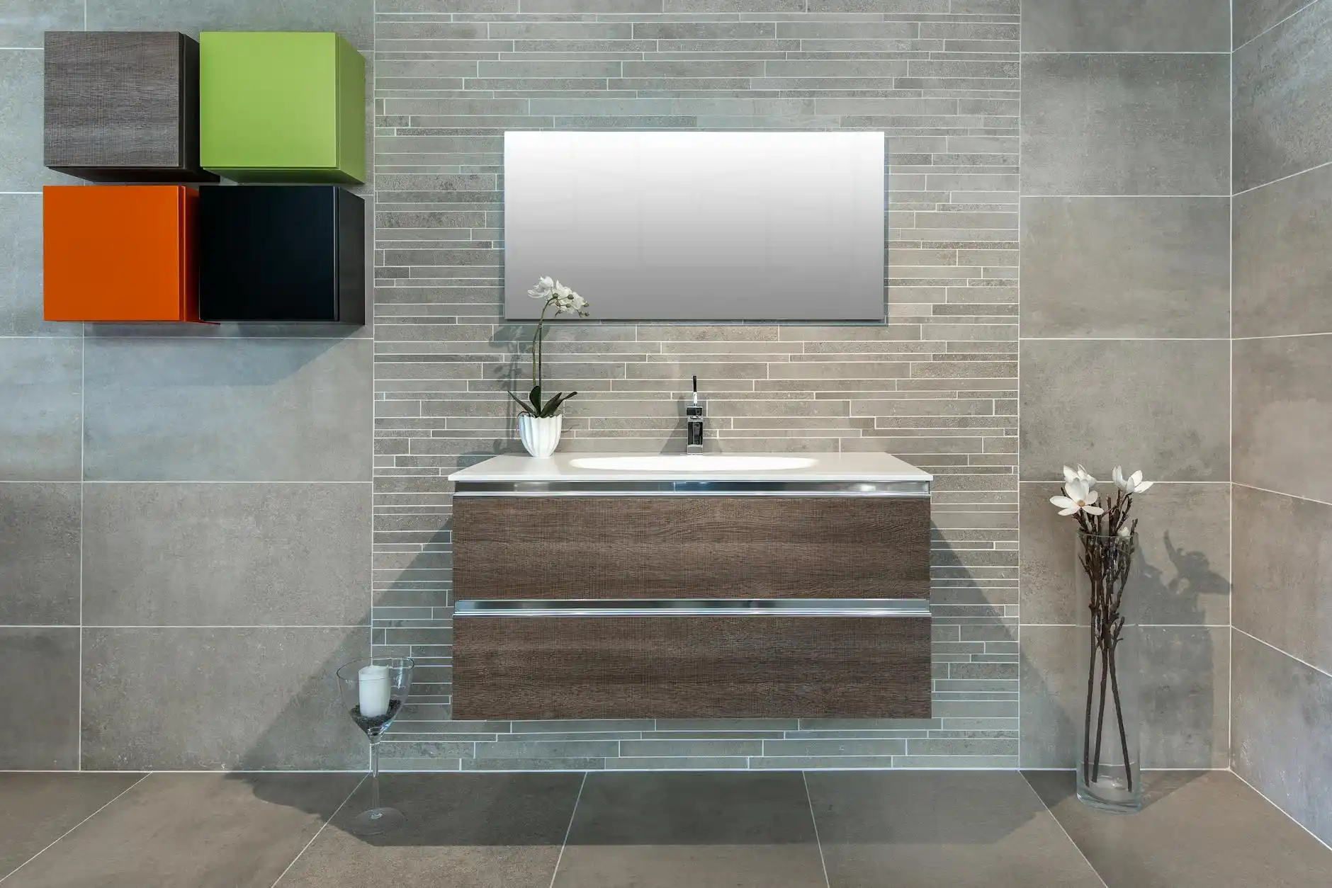 finished spa-inspired bathroom with floating walnut vanity, backlit mirrors, large walk-in shower, brushed nickel fixtures, and soft natural daylight