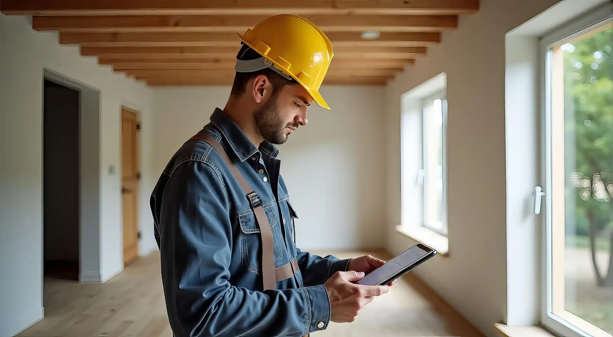detailed interior of a custom home showing a builder inspecting window trim, hardwood flooring, and cabinetry with a homeowner during a final quality walkthrough