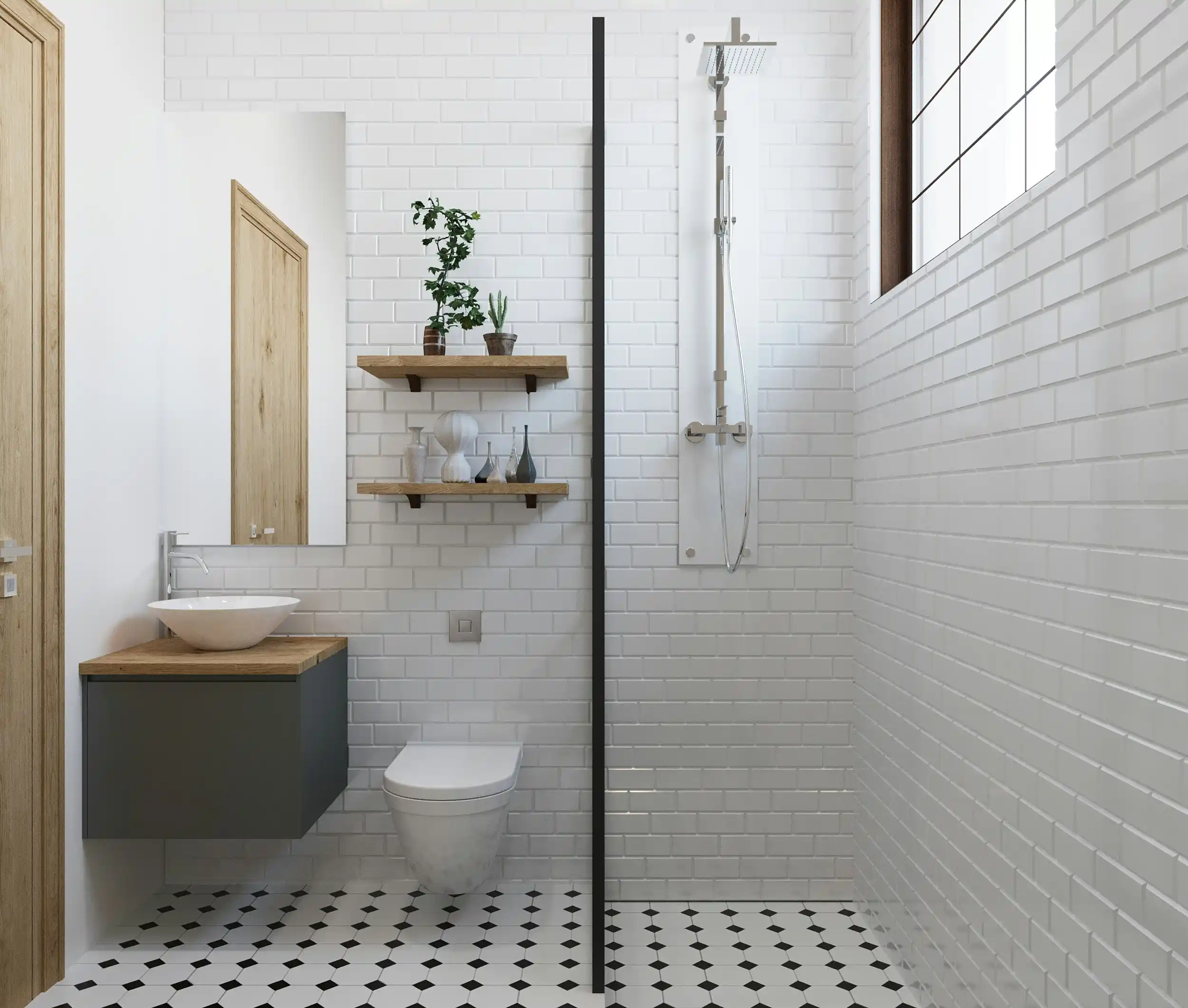 top-down floor plan rendering of a tiny bathroom showing pocket door, corner shower, floating vanity, and efficient circulation path with labeled zones