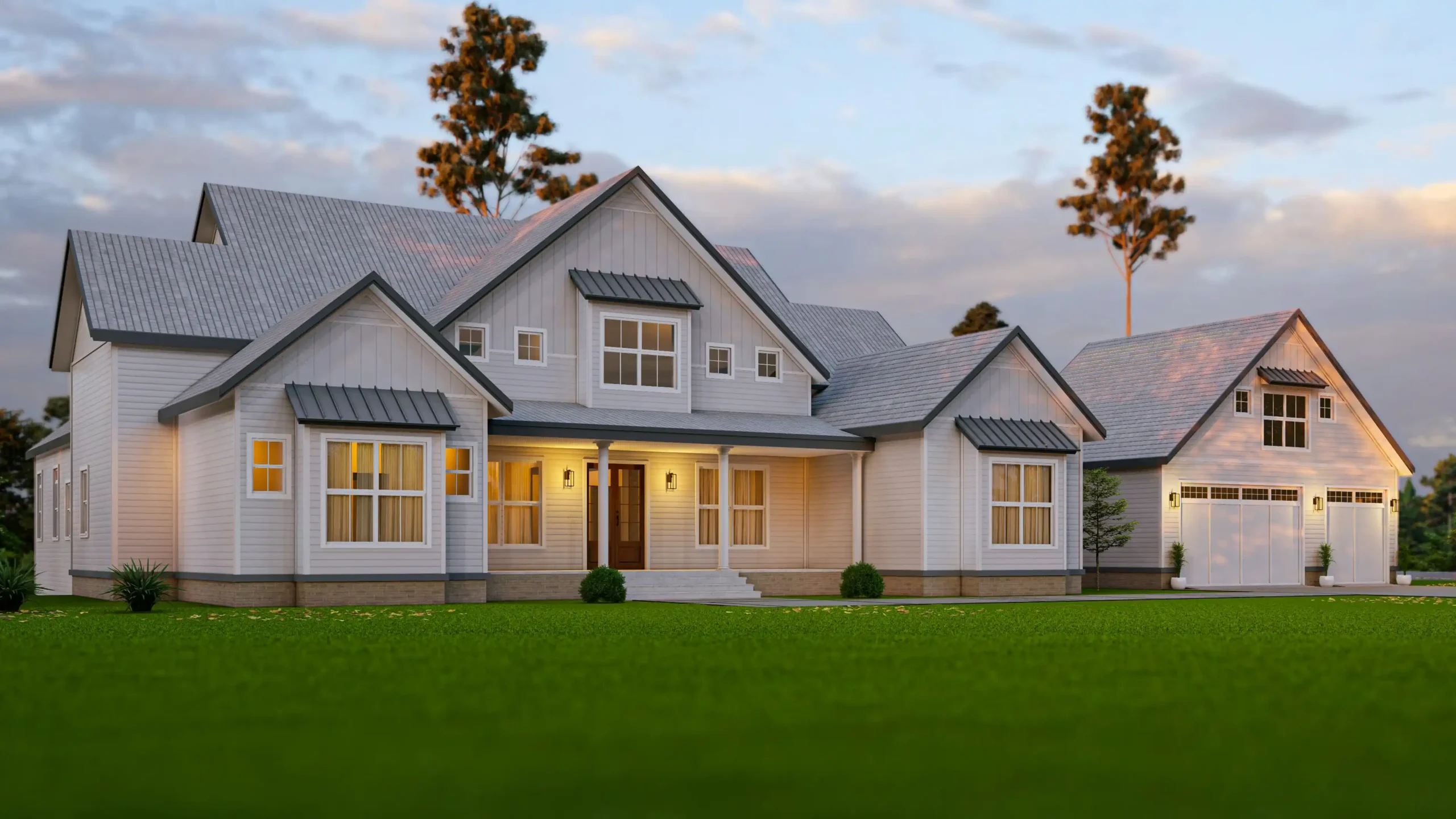 exterior of an older two-story craftsman home before renovation, peeling paint, overgrown landscaping, with a real estate sign and blueprint overlay effect