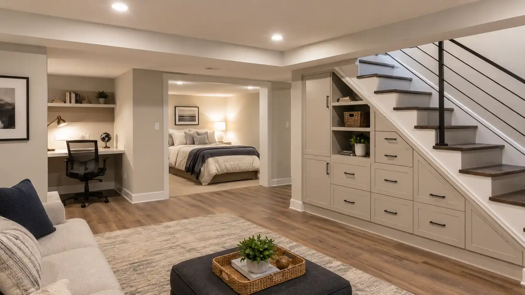 bright finished basement with office nook, guest bed alcove, and built-in storage under stairs, showing low ceiling details and recessed lighting