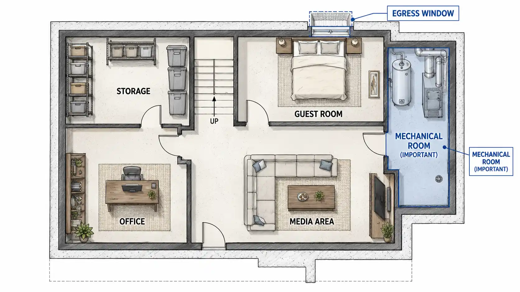 basement floor plan sketch with labeled zones for storage, guest room, office, and media area, highlighting mechanical room and egress window