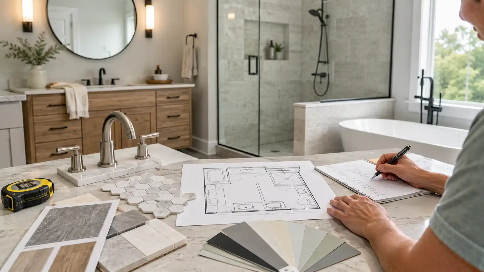 overhead view of a small bathroom floor plan with marked vanity, toilet, shower, and dimension lines on a white architectural sketch