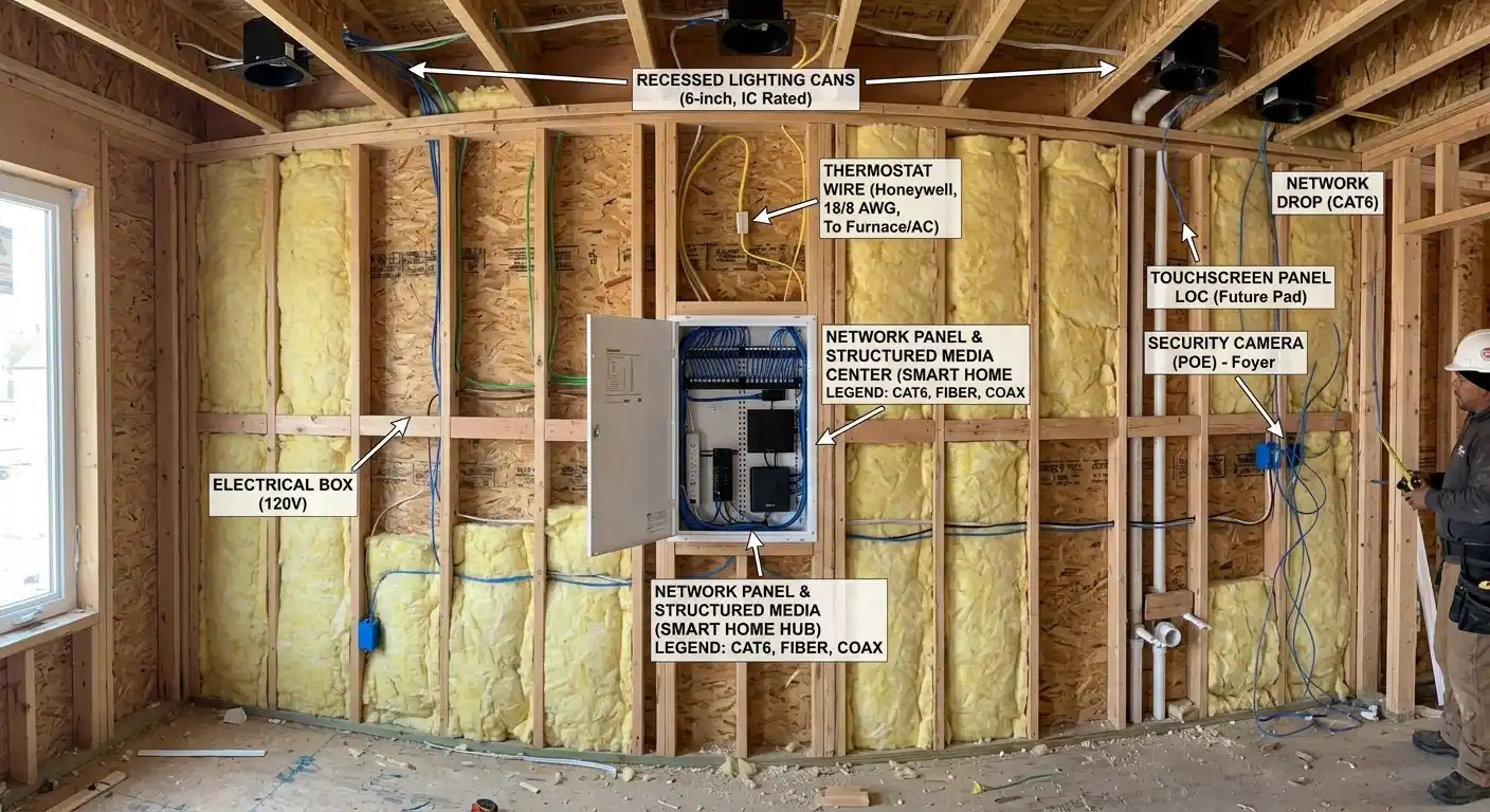 construction-stage wall with labeled smart home prewiring, insulation, recessed lighting cans, thermostat wire, and network panel layout