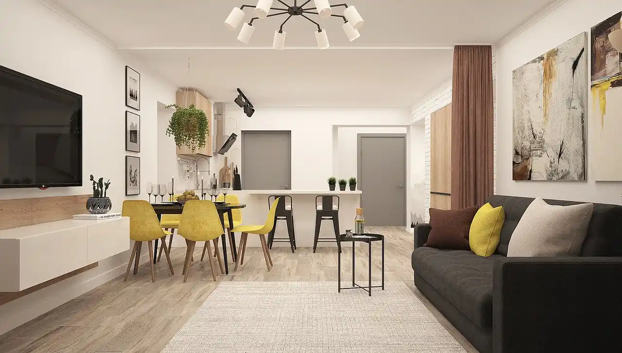 split-view of an older house floor plan transforming into a cohesive modern renovation plan with kitchen, living room, and bathroom highlighted