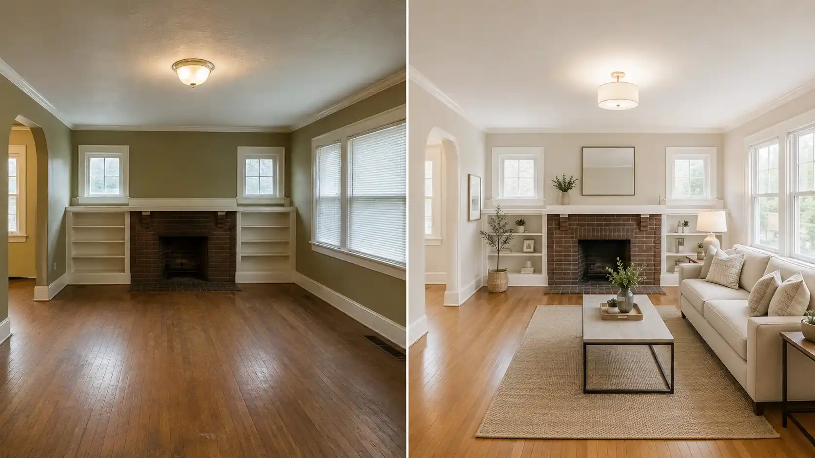 split-screen before-and-after of a dated living room updated with neutral paint, new lighting, and refinished floors for home sale