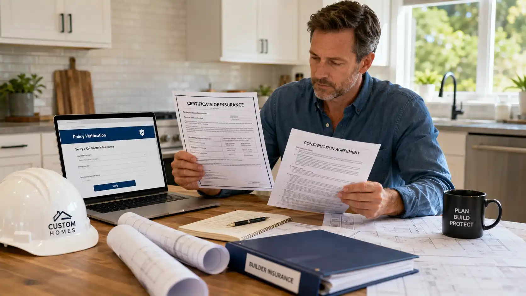 homeowner reviewing builder insurance certificate and contract at a kitchen table, with hard hat, blueprints, and laptop open to policy verification page