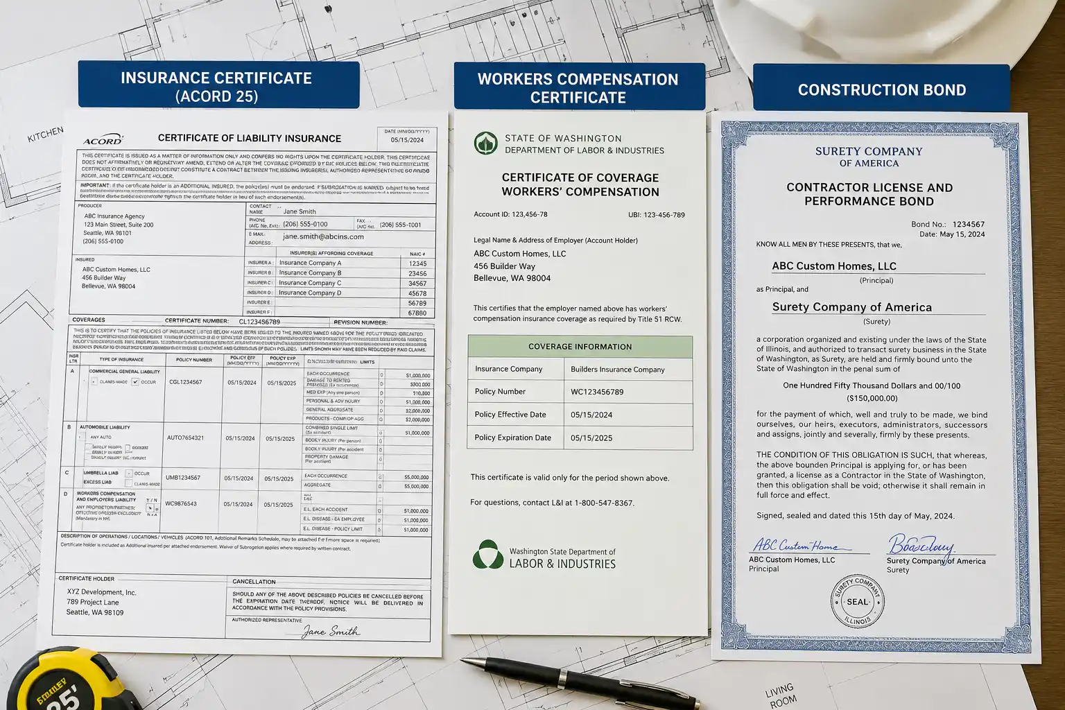 side-by-side visual of insurance certificate, workers compensation form, and construction bond document on architectural plans
