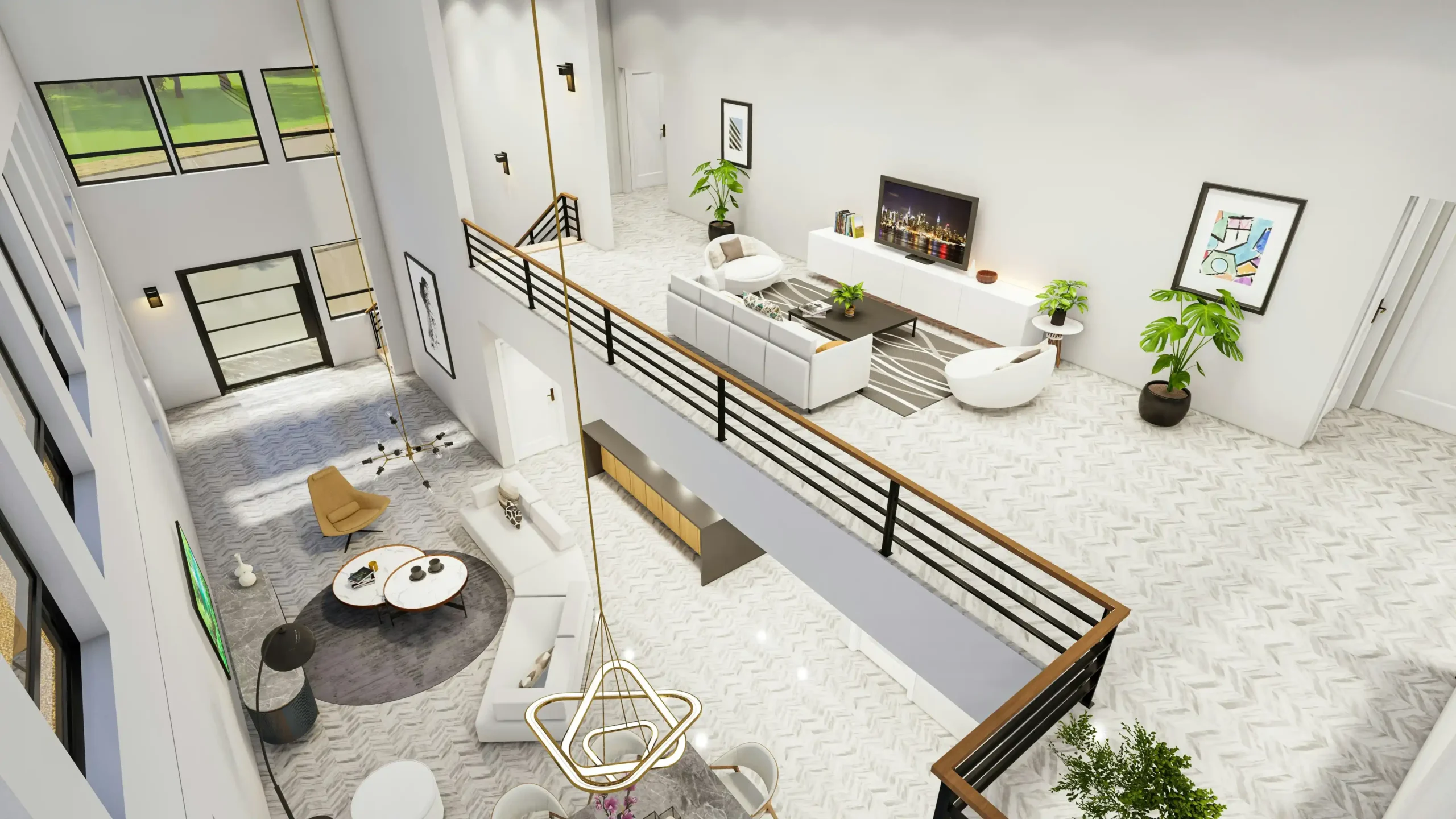 architectural floor plan and 3D rendering side by side showing a rear home addition connected to kitchen and family room, with notes on circulation and structural walls