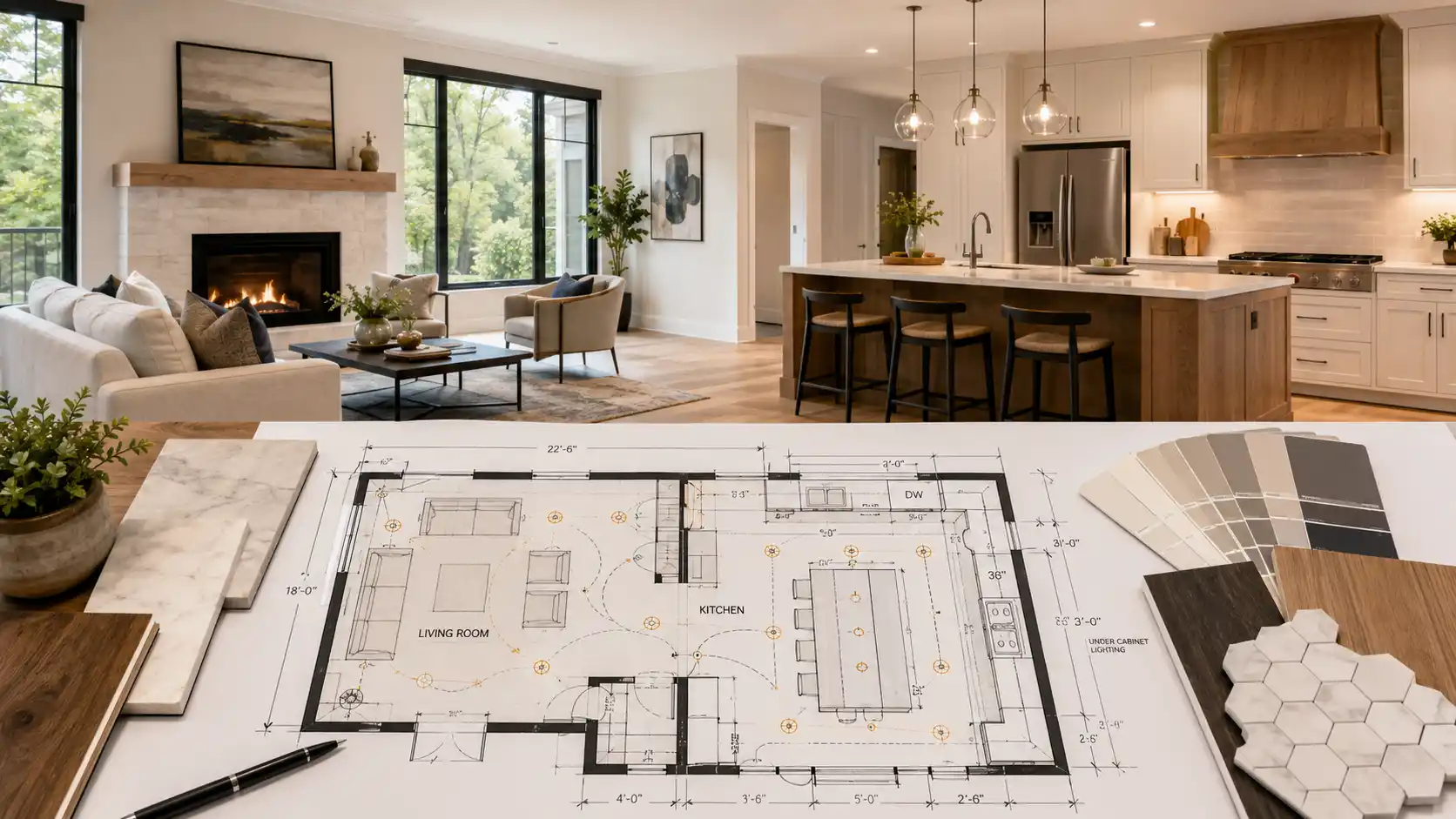 split-view residential remodel plan showing a living room and kitchen with floor plan overlays, lighting symbols, cabinetry dimensions, and finish samples on a design table