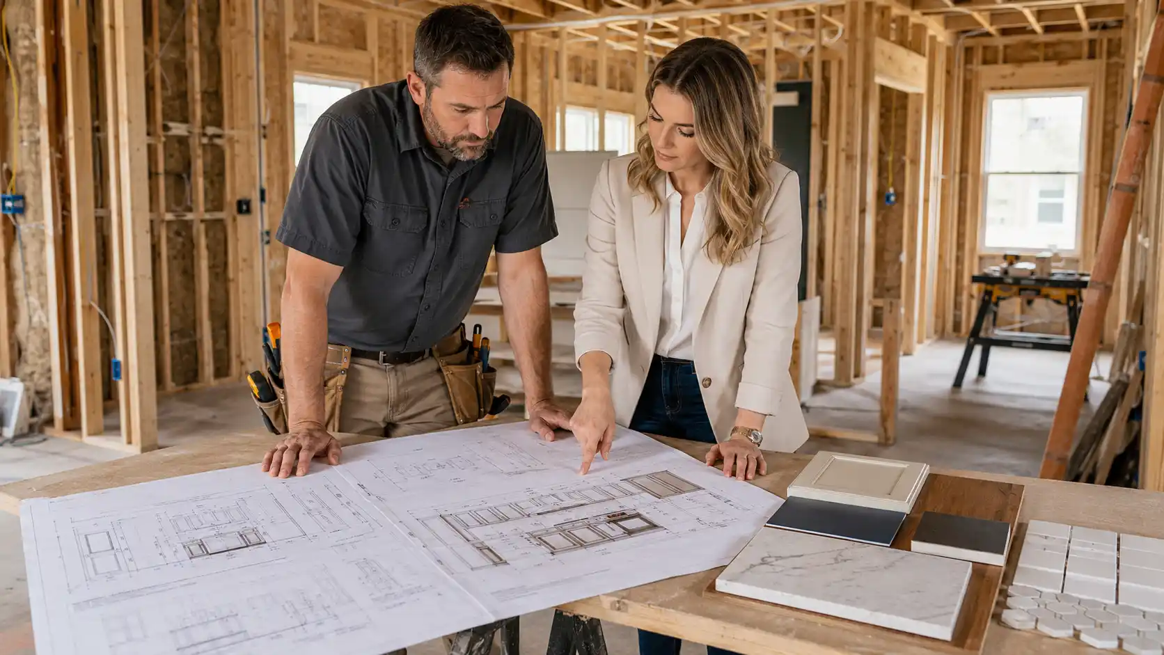 contractor and interior designer reviewing kitchen elevation drawings with cabinet dimensions, appliance specs, tile layout, and finish board in a partially framed home