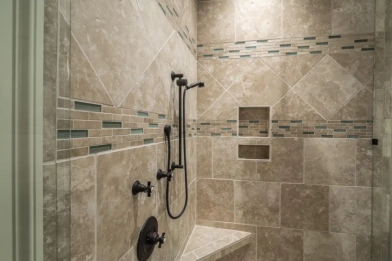 modern bathroom with large-format wall tile, basketweave floor tile, and contrasting grout close-up showing texture and scale