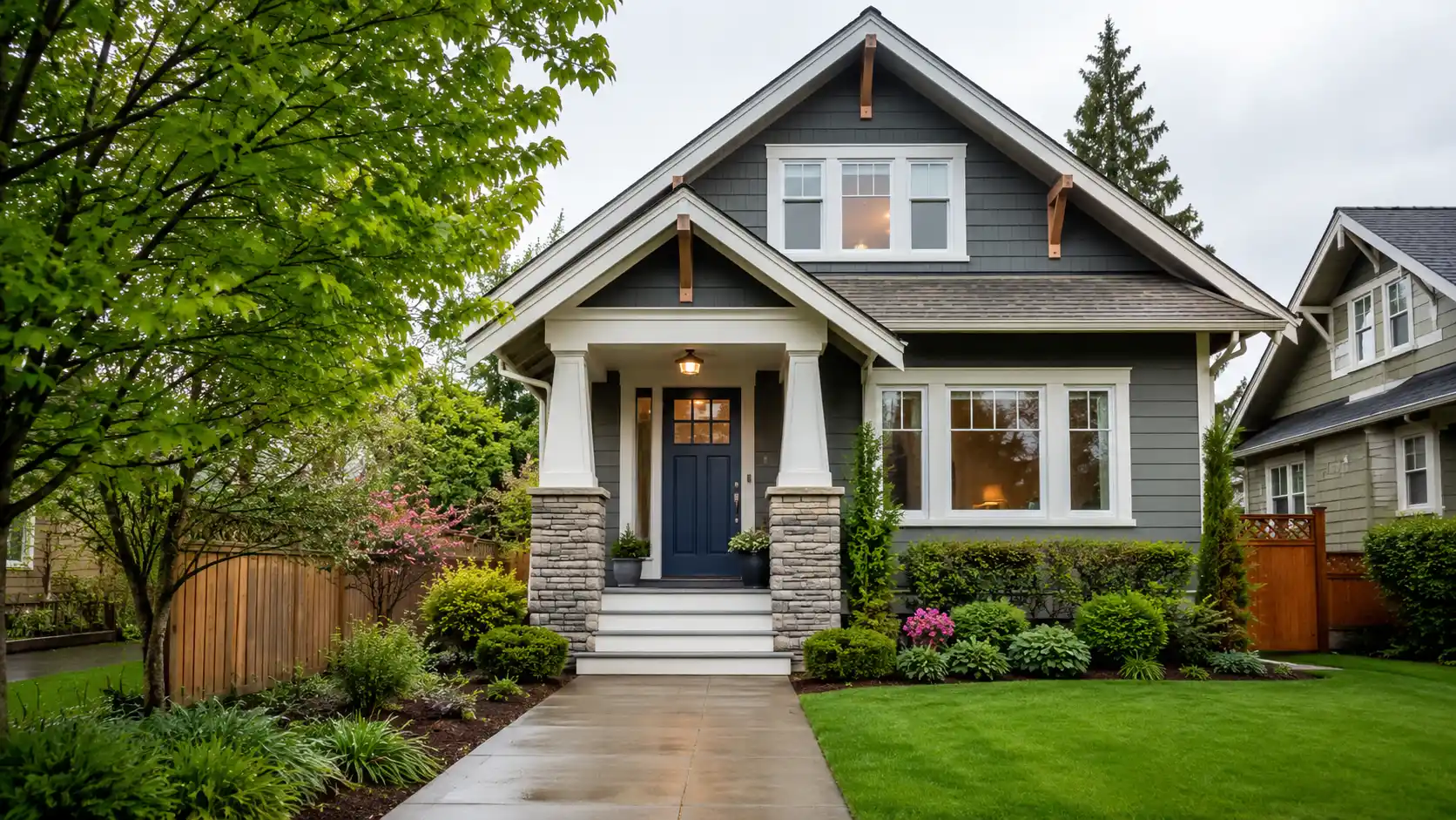 Seattle craftsman home before listing with fresh landscaping, painted front door, cleaned walkway, and bright overcast curb appeal