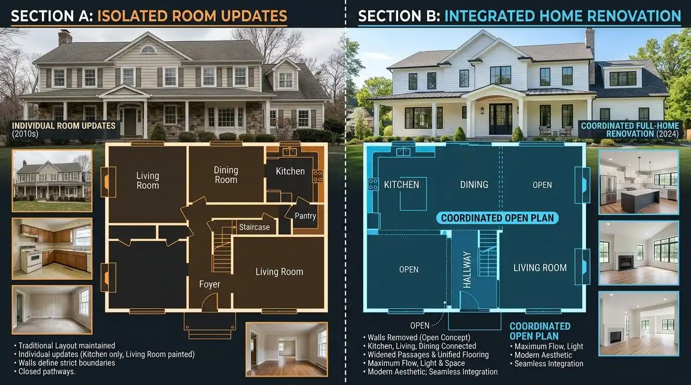 split-view of an older house with floor plan overlays, one side showing separate room updates and the other showing a coordinated full-home renovation with kitchen, living room,...