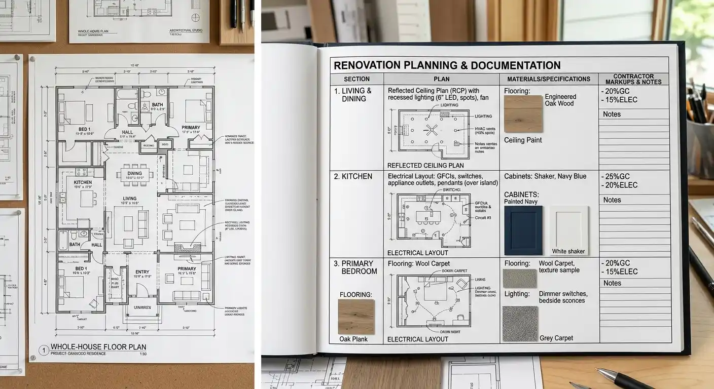 detailed renovation planning table with flooring samples, cabinet finishes, reflected ceiling plan, electrical layout, and contractor markups beside a whole-house floor plan