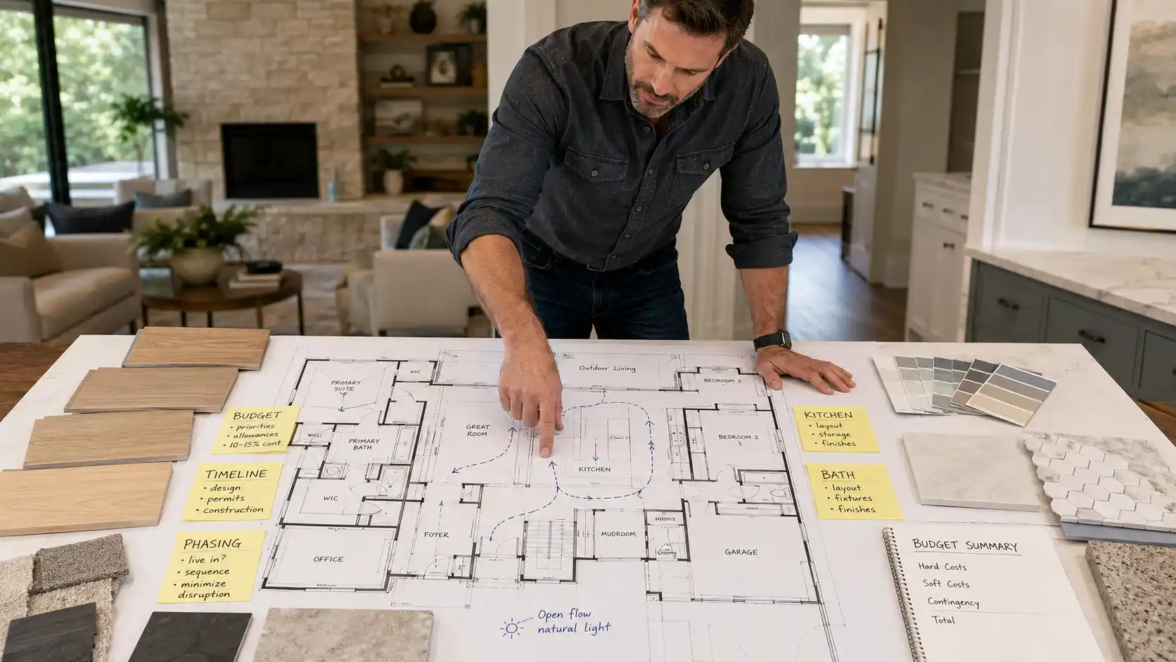 annotated floor plan of a full-house remodel on a table with material samples, budget notes, and a contractor pointing to circulation paths