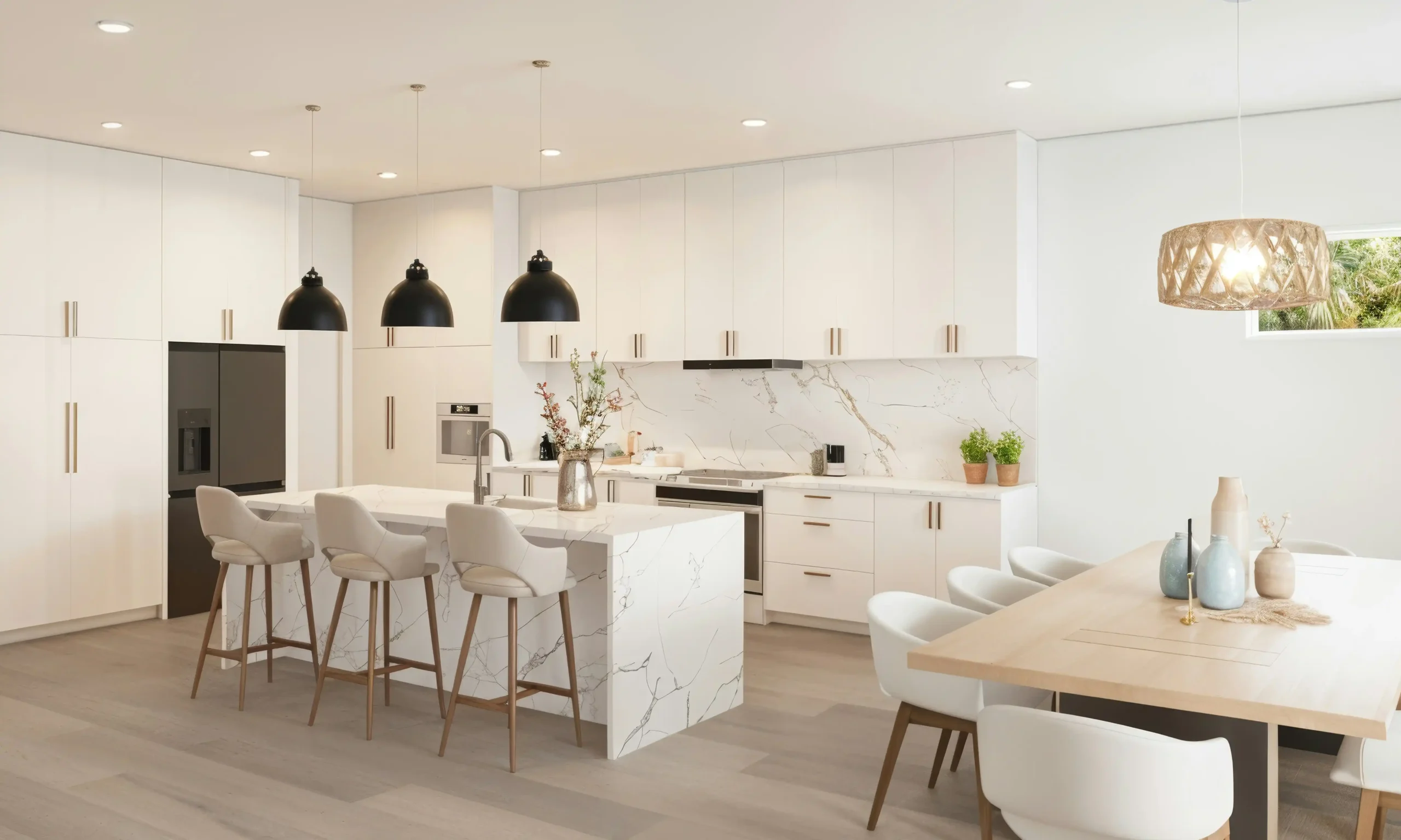 Wide-angle photorealistic whole-home renovation showing a new kitchen, opened floor plan, staircase, and adjacent living area, with subtle overlays of structural and mechanical ...