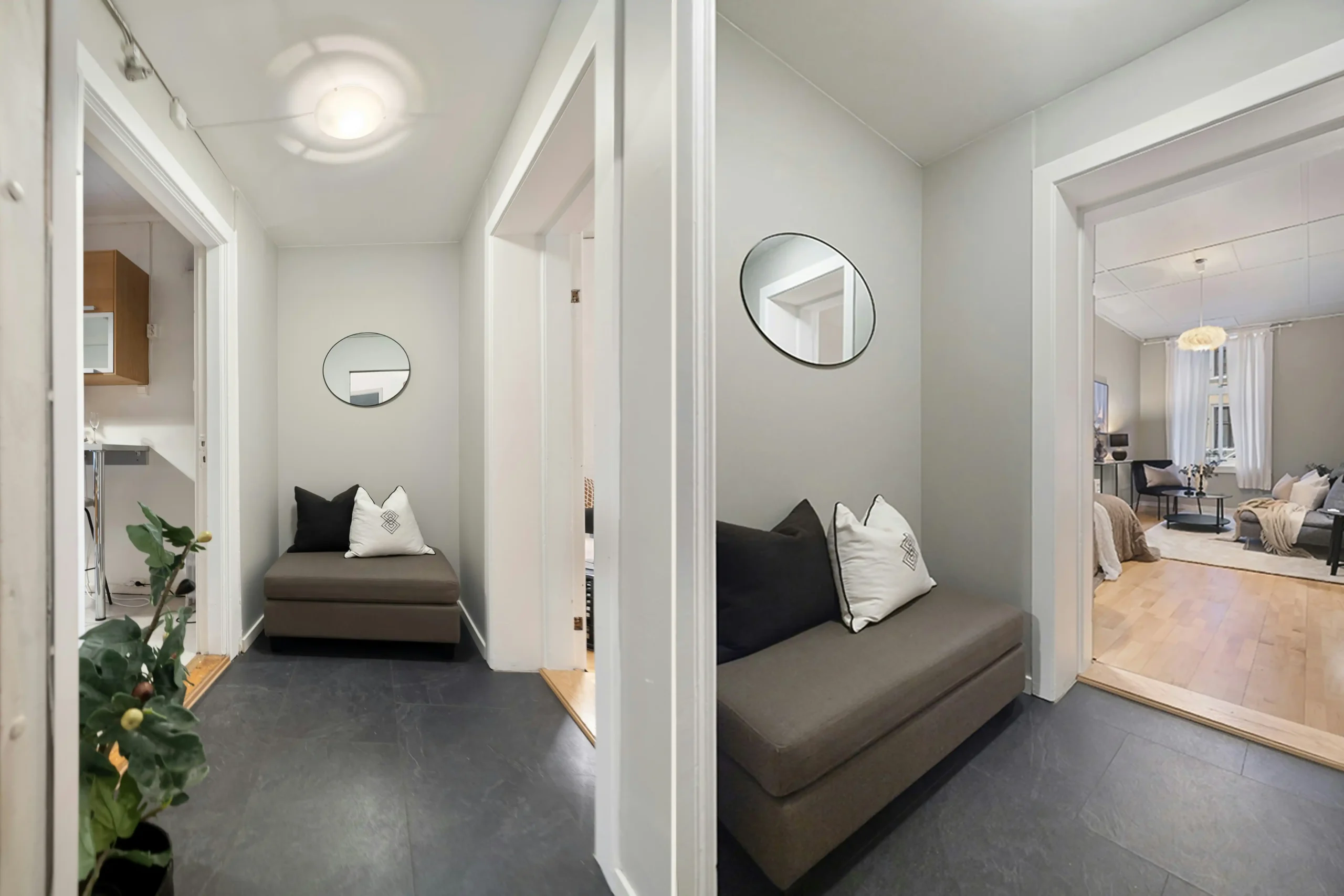 Split-view comparison of a narrow Seattle townhouse living room before staging with oversized furniture and after staging with an apartment sofa, open chairs, clear walking path...