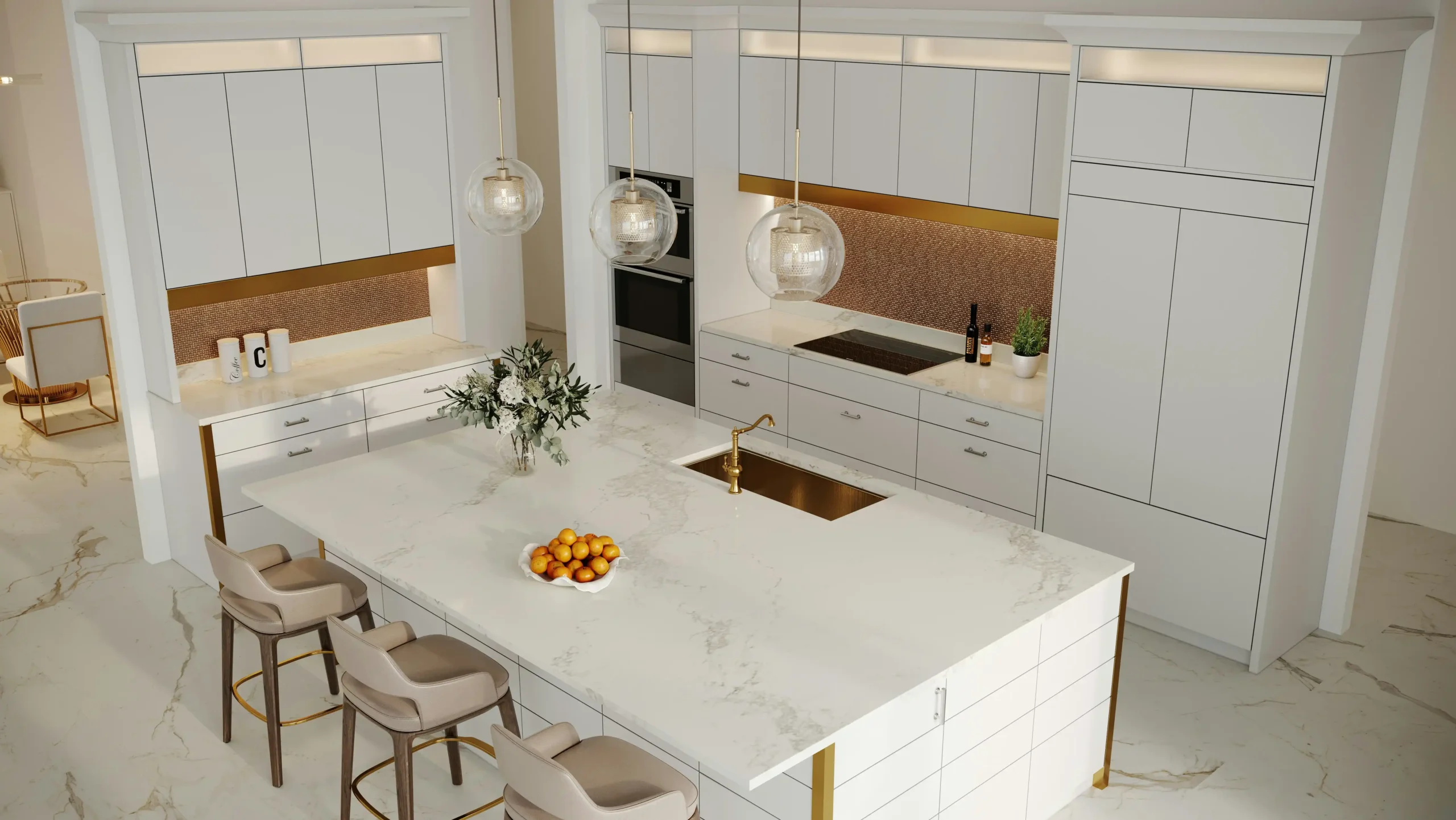 Architectural floor plan overlaid with a photorealistic luxury kitchen showing a correctly scaled island, 48-inch work aisles, aligned openings, and defined adjacent living spaces