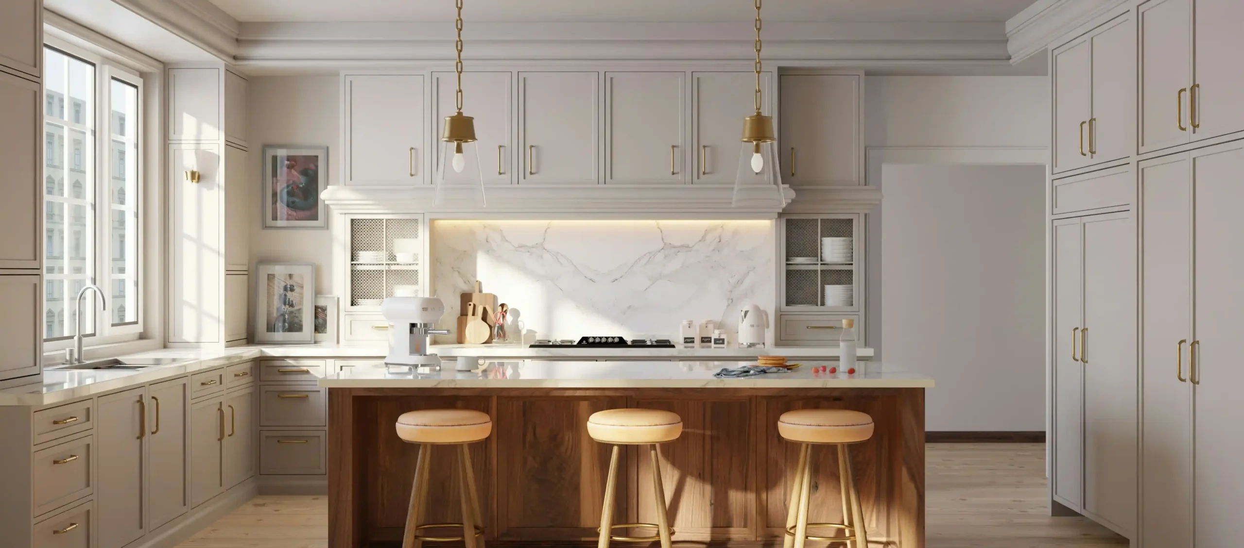 High-end kitchen and adjoining spa bathroom material board, featuring book-matched stone, white oak cabinetry, aged brass hardware, integrated appliances, curbless shower, and l...