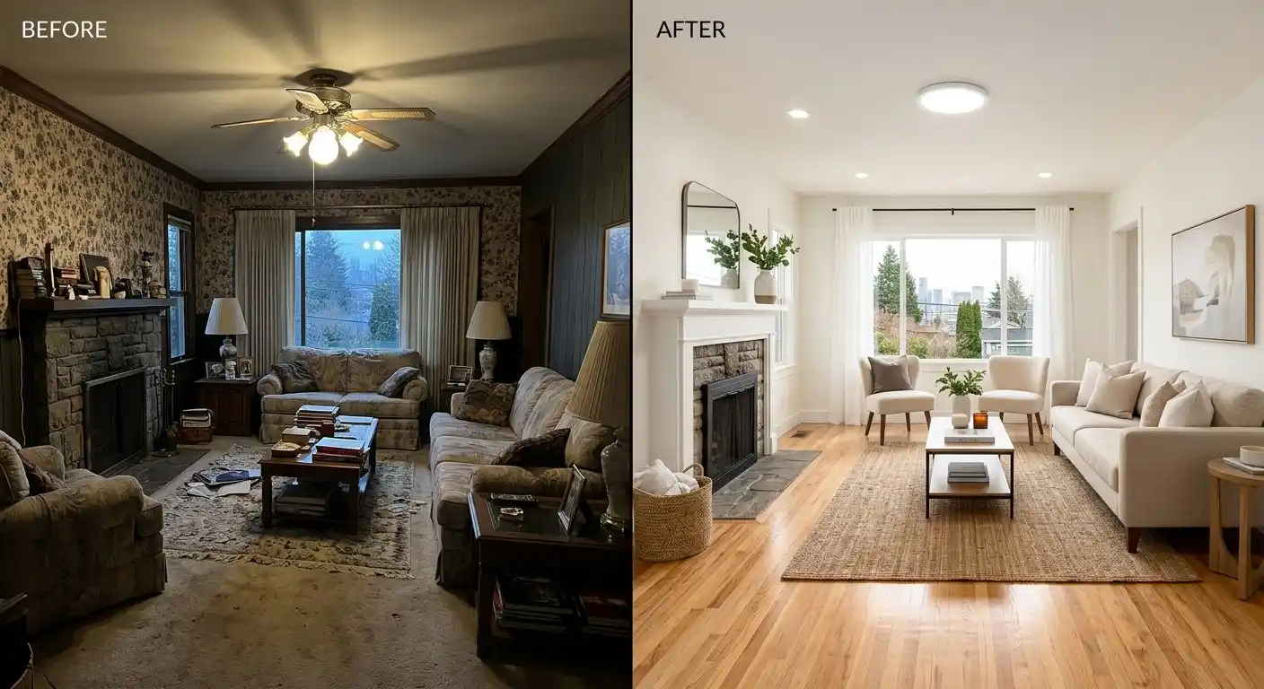Split-screen Seattle home interior before and after pre-listing preparation, showing a dated cluttered living room transformed with warm white paint, modern lighting, refinished...