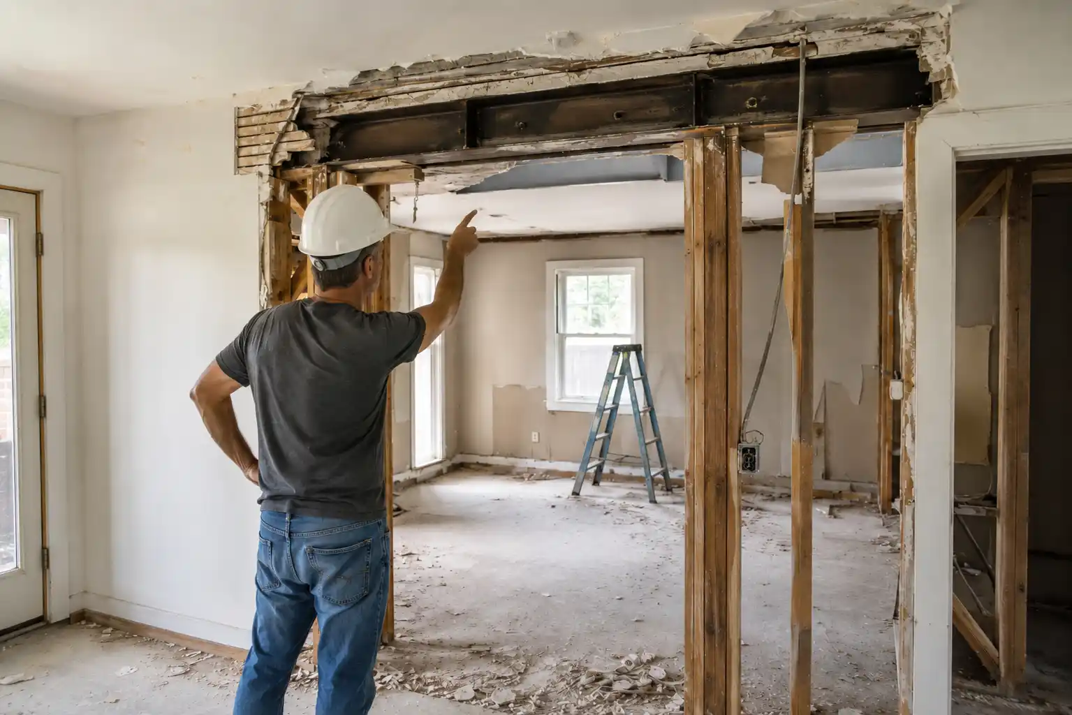 Editorial photograph illustrating "How Do You Know if a Wall Is Load-Bearing" in the context of removing a load-bearing wall, natural daylight, realistic setting, no text or log...
