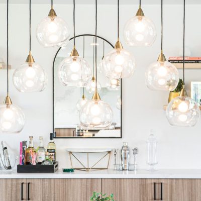 Bellevue bathroom remodel with glass pendant lighting by United Signature