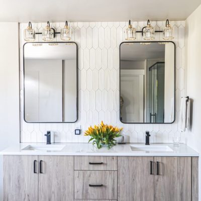 wood cabinets with black fixtures